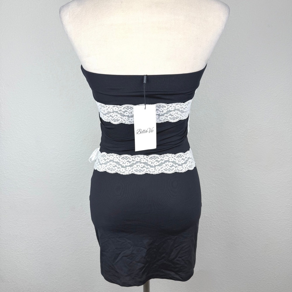 NWT Bella Vie Charlotte Black Strapless Lace Bow Bodycon Mini Dress Size Medium - Picture 5 of 8